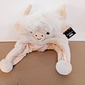 Children Ages 4+ Cow Bull Off White w/ Horns Winter Hat Chin Holder Hood NWT - Picture 1 of 2