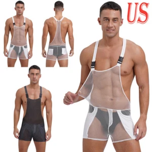 Mens Fishnet Jumpsuit Hollow Out Wrestling Singlet Catsuit Mesh Rompers Clubwear - Picture 1 of 29