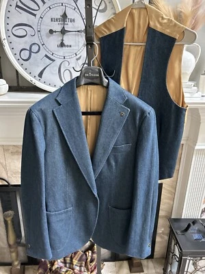BLVDier Hombre Hecho a Medida Denim Azul Chaqueta Deportiva y Chaleco 42L Foto 1 de 4