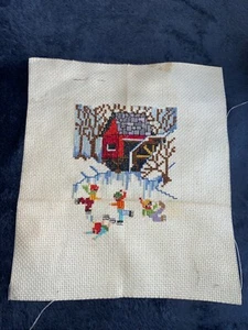 Vintage Winterszene Kreuzstich Eisläufer Mühle Wasserrad 7x9" Handarbeit Sampler - Bild 1 von 6