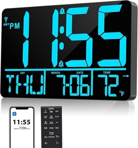 13" Bluetooth Auto Sync Wall Clock - Large Digital Alarm Clock with Remote, 2... - Picture 1 of 7