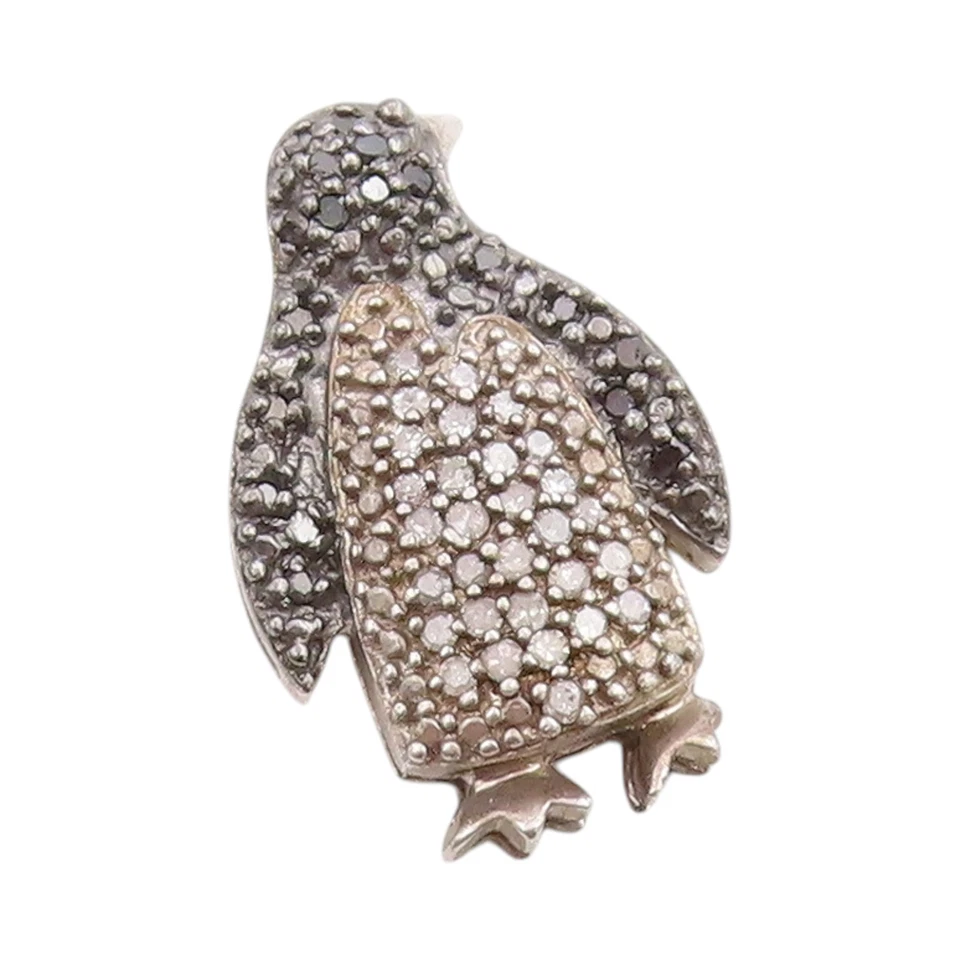 925 Sterling Silver Vintage Pendant Black & White Diamonds Penguin Charm PT24515 - Image 1 of 4