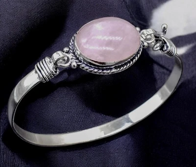 Brazalete ajustable de cuarzo rosa con piedras preciosas de plata de ley 925 Foto 1 de 4