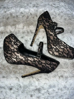 Women’s Forever 21 Platform Stiletto Heels Size 7.5 Black Lace Overlay Sexy - Image 1 of 3