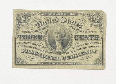 1863 3 Cent Fractional Paper Money Currency Shinplaster Note ~ Very Fine - Image 1 of 2