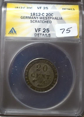 1812-C GERMANY WESTPHALIA SILVER 20 CENTIMES ANACS VF25 DETAILS JEROME BONAPARTE - Image 1 of 4