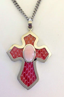 不锈钢粉红色石英十字带18英寸不锈钢链条 — 第 1/2 张图片