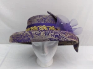 LADIES DRESS CHURCH HAT PURPLE AND GOLD WITH BOW AND RHINESTONE ACCENT - Picture 1 of 17