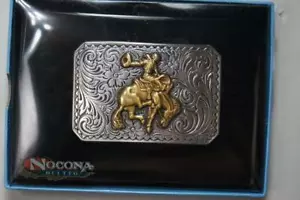 Hebilla de cinturón Nocona Youth Bucking Horse Rider tono plateado y dorado 37558 - Imagen 1 de 4