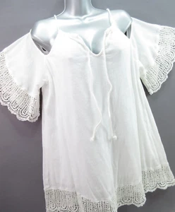 Rip Curl Blouse Women's M White Lace Bell Sleeve Cotton Gauze Beach Cover-Up Top - Picture 1 of 12