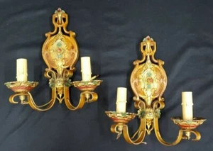 Pair of Ornate Multi Colored Art Deco Cast Iron & Wrought Iron Wall Sconces - Picture 1 of 12