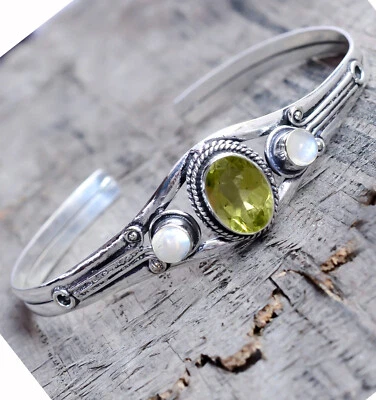Green Peridot , Moonstone Gemstone Bracelet 925 Sterling Silver Men's Cuff - Image 1 of 4