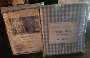 2 NEUE Nantucket gestreifte Standard Kissenbezüge blau weiß wendbar 100 % Baumwolle 21" 27" - Bild 1 von 11