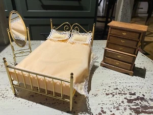 Vintage Dollhouse Miniature Ornate Brass Bed Standing Mirror & Tall Chest 1:12 - Picture 1 of 5