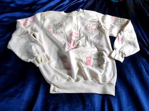 Vintage Sweatshirt Puff Paint Womens Large Cream Pink Cats City Kitties Cute - Picture 1 of 9