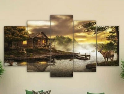 Multi Panel Print Cabin by the Lake Canvas Wall Art Mountain Creek River 5 Piece - Изображение 1 из 4