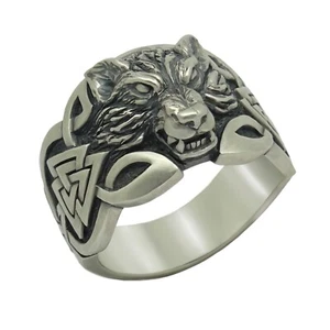 Wikingerwolf Sterlingsilber 925 Keltischer Herrenring Walknut Nordisch Mythologie Symbol - Bild 1 von 12
