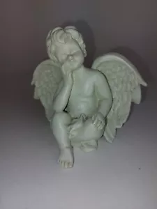 große Engelsfigur Putte Engel denkend 11 cm Keramin weiß ca 1970 - Bild 1 von 7