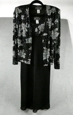 Alex Evenings 礼服夹克套装 6P 黑色银色花卉金属色美国婚礼正式 — 第 1/4 张图片