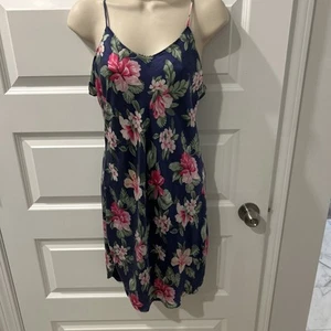Lord & Taylor Sz M  Vintage 100% Silk Navy Floral Mini Chemise Slip Dress EUC - Picture 1 of 8
