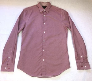 Zara Slim Fit Button Up Shirt Long Sleeve Gingham Burgundy White Mens Size S - Picture 1 of 6