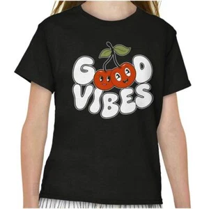 Cute Retro Good Vibes Happy Kawaii Cherries Girls Youth Crewneck T Shirts Tees - Picture 1 of 7