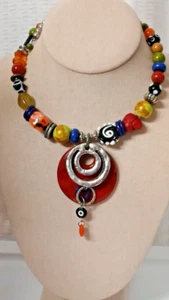 Vtg Flexible Silver Tone Multi Color Various Material Beads Wrap Around Necklace - Picture 1 of 5