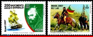3021-22 BRAZIL 2007 GIUSEPPE GARIBALDI, MASONIC, JOINT ISSUE URUGUAY, SHIPS, MNH - Picture 1 of 2