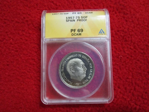 SPAIN 1957 (75) 1975 50 PESETAS HIGH GRADE PROOF ANACS PF 69 DCAM 50p Numismatic Cover