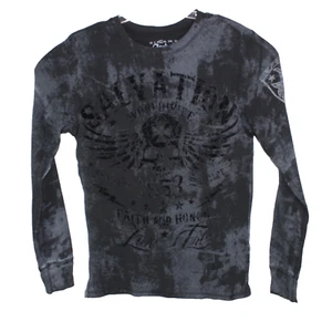 Archaic Waffle Knit T-Shirt Black Gray Men Size L Long Sleeve Velvet Print - Picture 1 of 10