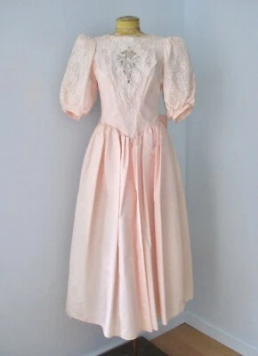 Vtg 80s Gunne Sax Pink Taffeta Lace Tea Dress Prom Wedding Tulle Crinoline 10 - Image 1 of 4