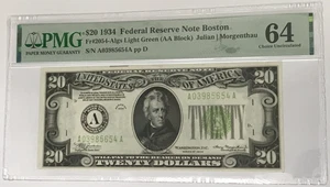 1934 $20 Federal Reserve Note Boston PMG 64 CU Uncirculated Fr#2054 Light Green - Picture 1 of 2
