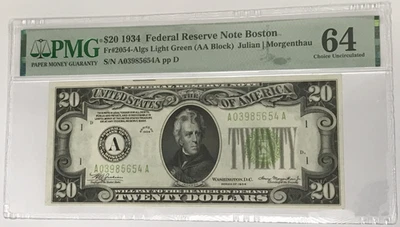 1934 $20 Federal Reserve Note Boston PMG 64 CU Uncirculated Fr#2054 Light Green - Image 1 of 2