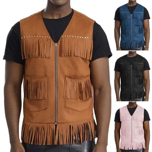 Men Cowboy Cosplay Performance Costume Sleeveless Tassels Vest Waistcoat Top - Picture 1 of 47