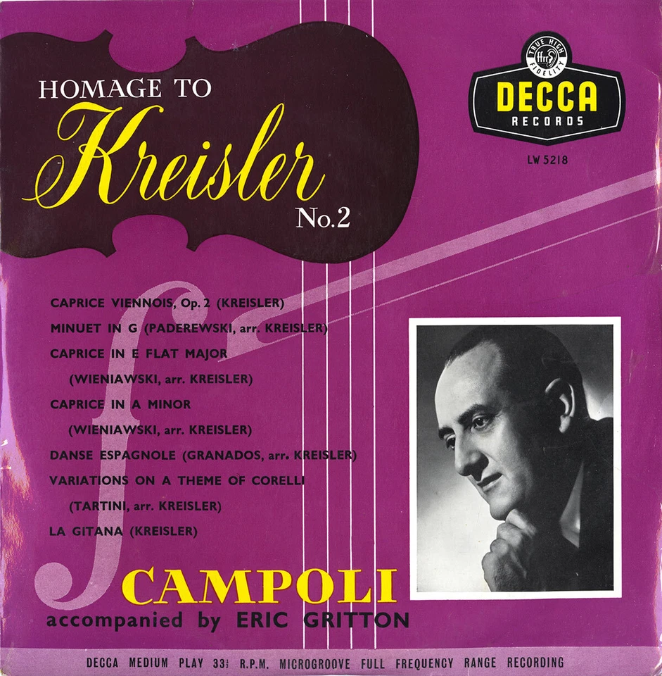 CAMPOLI Violin KREISLER Caprice Viennois Minuet Danse Corelli Vars DECCA LW-5218 - Image 1 of 3