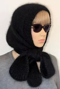 Knitted Angora Hood with ties, Knitted Angora Scarf-Bonnet, Knitted Wool hat - Bild 1 von 10