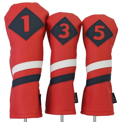 Majek Retro Golf 1 3 5 Driver & Woods Headcover Red White Blue Leather Style - Image 1 of 4