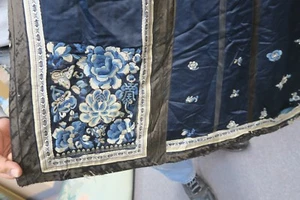 Antique Chinese Silk embroidery Skirt Apron Robe Blue Floral Forbidden Stitch - Picture 1 of 9