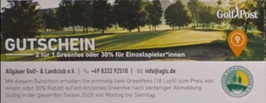 2 für 1 Greenfee-Gutschein Allgäuer Golfclub Golf Post Kalender 2025 Mo-So - Bild 1 von 2