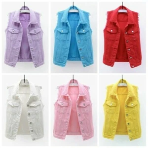 Damen Denim Weste Gilet Ripped Ärmellos Mantel Jacke Tops Weste Freizeit Blau - Bild 1 von 17