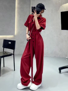 Workwear Jumpsuit Women Summer Loose Fit Slimming High Waisted Wide Leg Jumpsuit - Picture 1 of 28