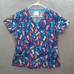 UA Scrubs Scrub Top Womens Medium Blue Flip Flop Fun Nurse Medical Dental Vet - Picture 1 of 10