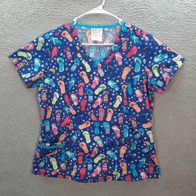 UA Scrubs Scrub Top Womens Medium Blue Flip Flop Fun Nurse Medical Dental Vet - Image 1 of 4
