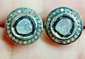 Polki Diamond Stud Earrings, 925 Silver Rose Cut Diamond Birthday Gift Earrings - Picture 1 of 5