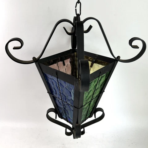 Vintage Style Wrought Iron & Coloured Glass Ceiling Light Shade Porch Lantern Cover