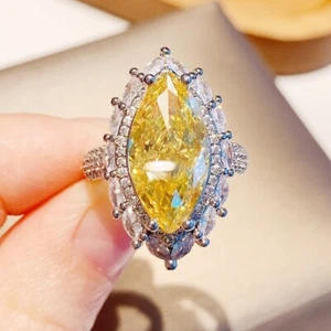 Marquise Cut Yellow Diamond Cluster Wedding Engagement Ring White Gold Plated - Picture 1 of 9