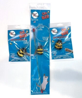 GO CAT FEATHER TOYS Go Cat Da Bee Wand Interactive Teaser w/ 2 EXTRA Bee Refills Catcher Cat Kitten