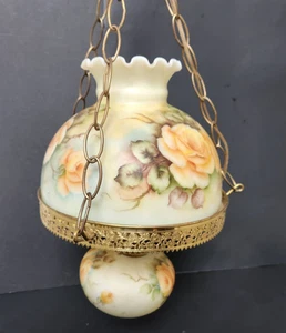 Vintage Frosted Glass Rose Floral Hanging Hurricane Swag Lamp Hanging Ceiling - Picture 1 of 11