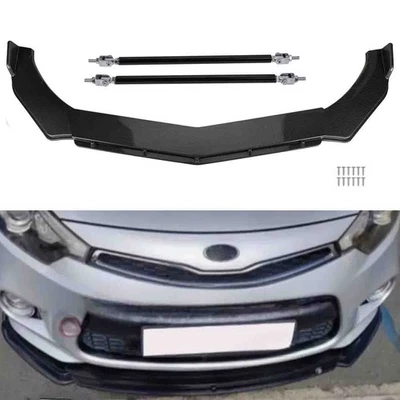 For KIA Forte Koup Carbon Fiber Front Bumper Lip Splitter Spoiler+Strut Rods Set - Image 1 of 4