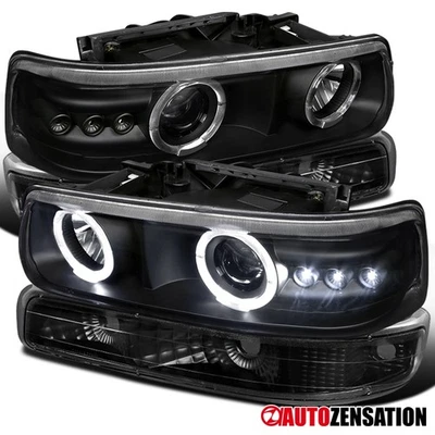 Fits 1999-2002 Chevy Silverado Black LED Halo Projector Headlights+Bumper Lamps Foto 1 de 4